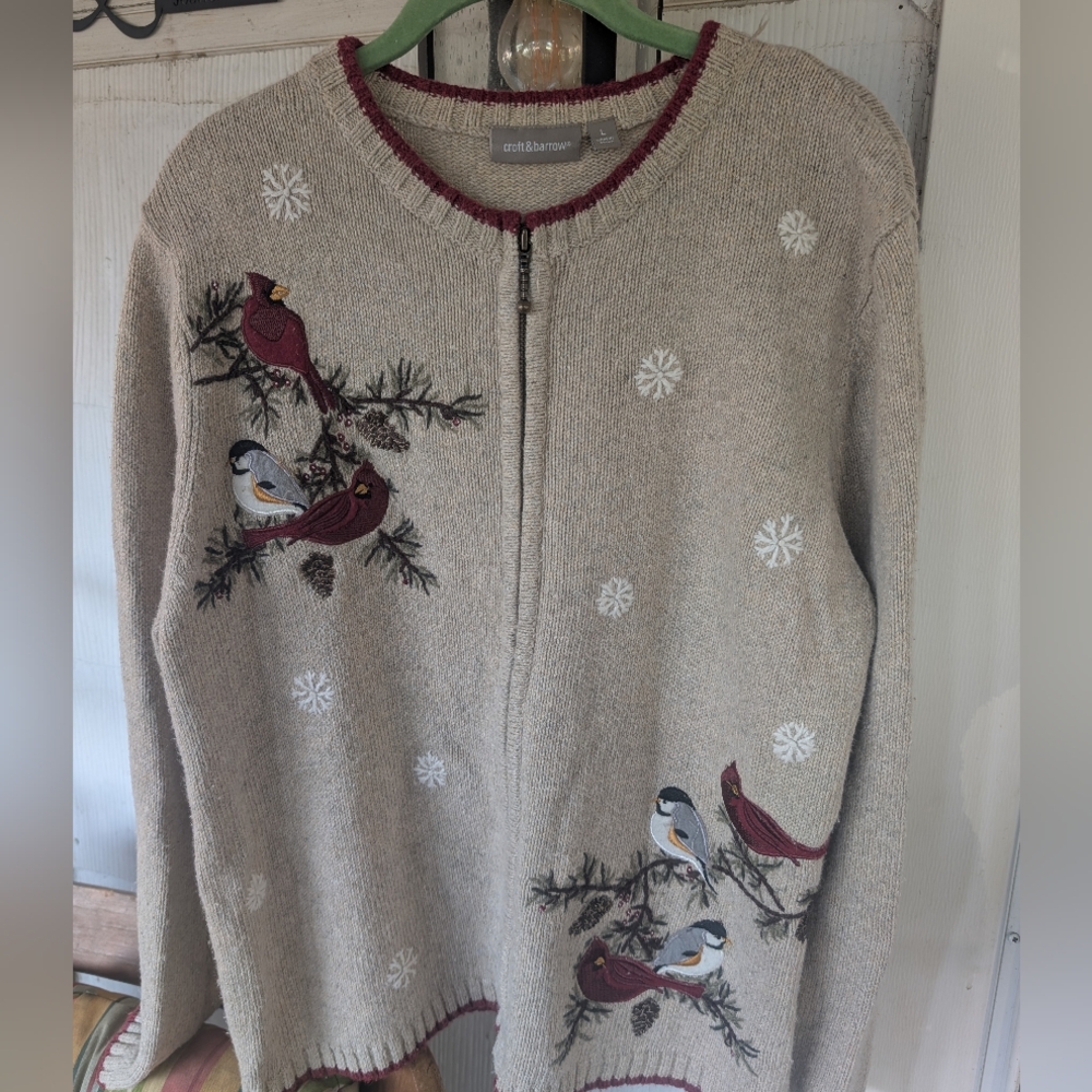 Croft & Barrow Beige Cardigan with Bird Embroidery